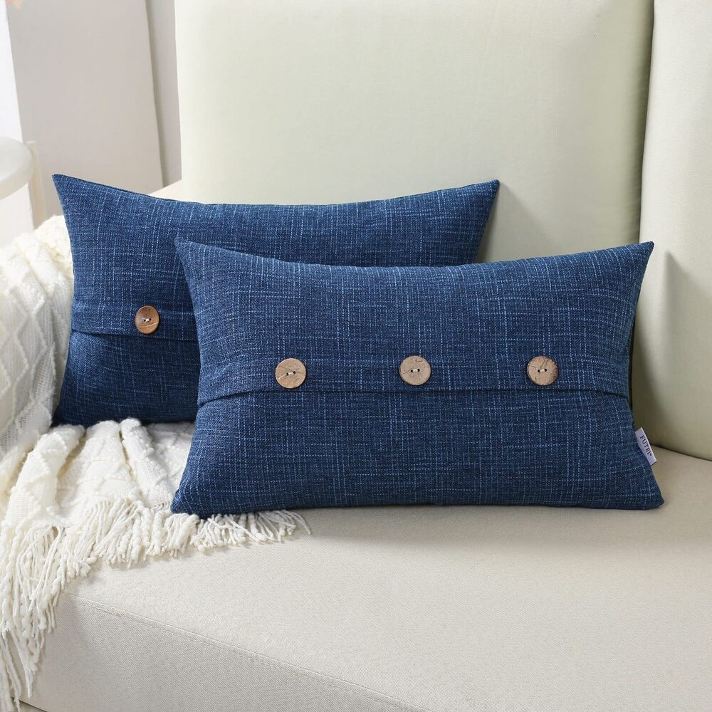 8088 Navy Blue Linen Decorative Throw Pillow Covers 12x20 Inch Set of 2